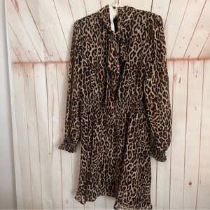 Forever 21 Leopard Print Tie-Neck Long Sleeve Mini Dress - Brown & Black
